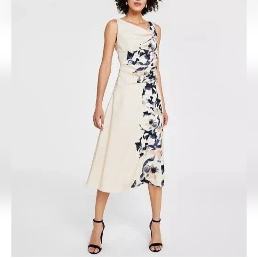 DKNY Womens Cocktail Midi Dress Fit & Flare Floral Beige Multi-Color SIZE 8 - Picture 1 of 6